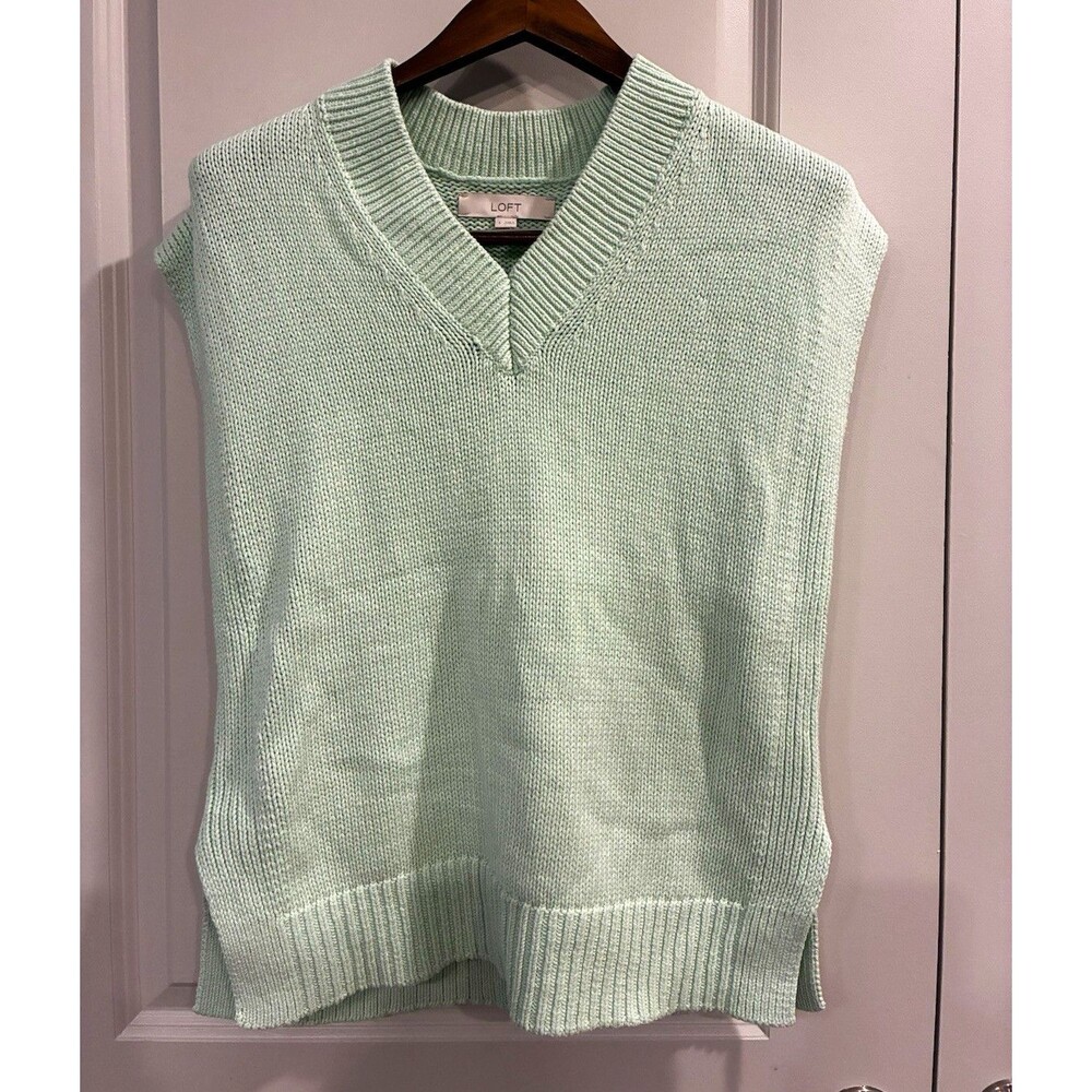 LOFT Women Solid Green Knit V-Neck Sleeveless Pullover Sweater Vest S 0120